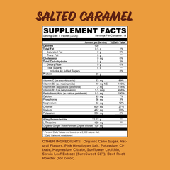 Sousa Salted Caramel supplement facts panel, 20g protein, 100 calories, 4g sugar, with electrolytes and vitamins